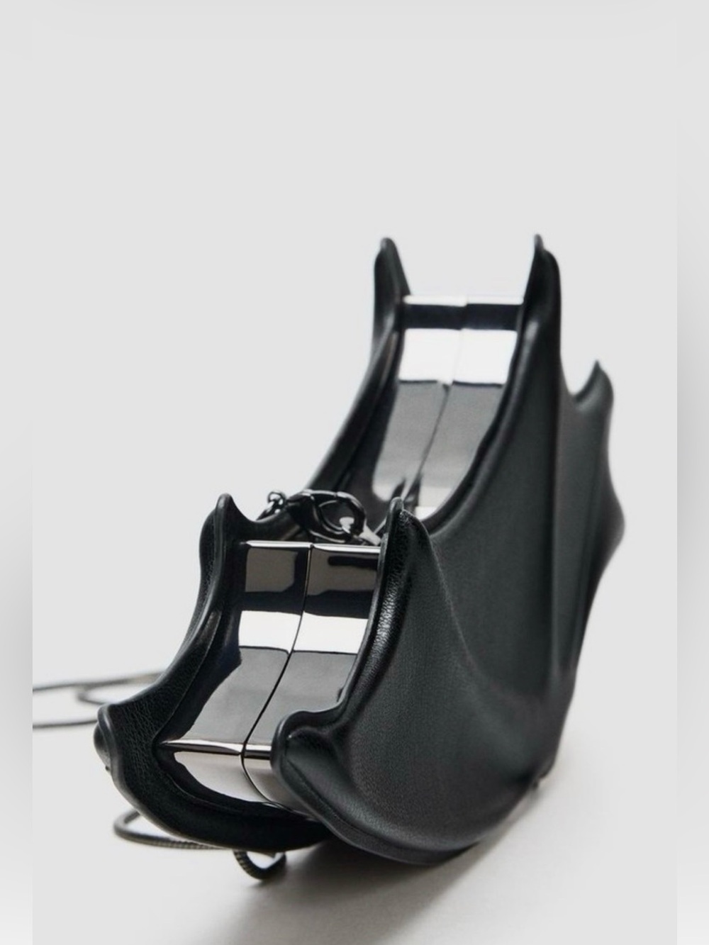 Zara Bat Rigid Box Bag Handbag Purse Clutch Metal Effect Chain Strap Black
